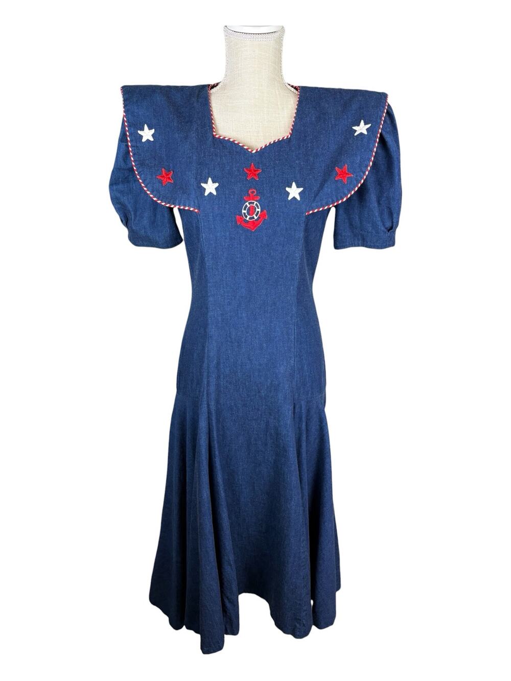 Vtg 80s Go Vicki Denim Nautical Fit & Flare Midi Dress Size 3/4 Sailor Collar